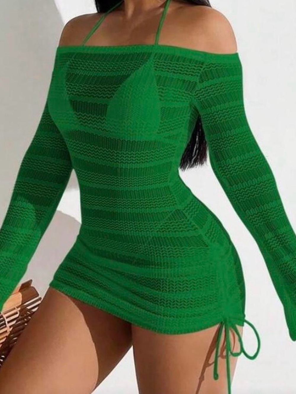 Off-Shoulder Green Crochet Swim Coverup Dress